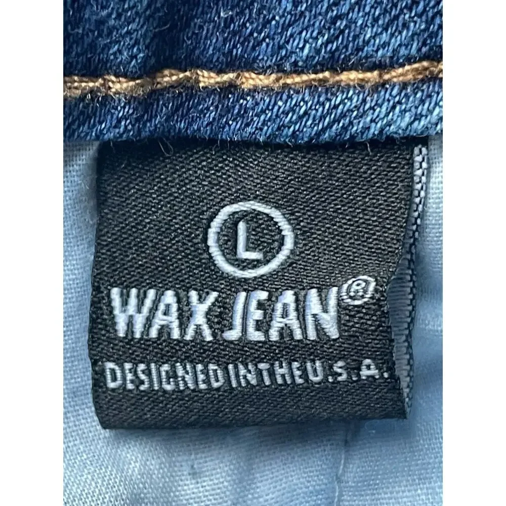 Wax Jean Distressed Mini Denim Skirt Womens Size L Blue Frayed Raw Hem Stretchy - Picture 8 of 8